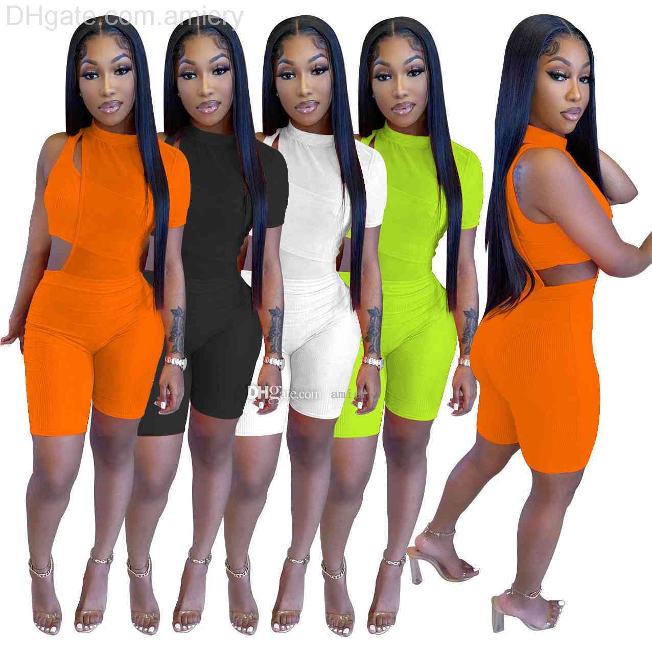 

Women Two Piece Pants Set One Shoulder Tracksuits Designer Mesh Outfits Short Jumpsuit And Bra Sportswear Slim Shirt Sport Suits, Orange