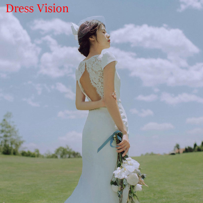 

Simple Satin O-neck Wedding Dress Lace Backless Vestido De Noiva suknia lubna Robe De Mariage, White