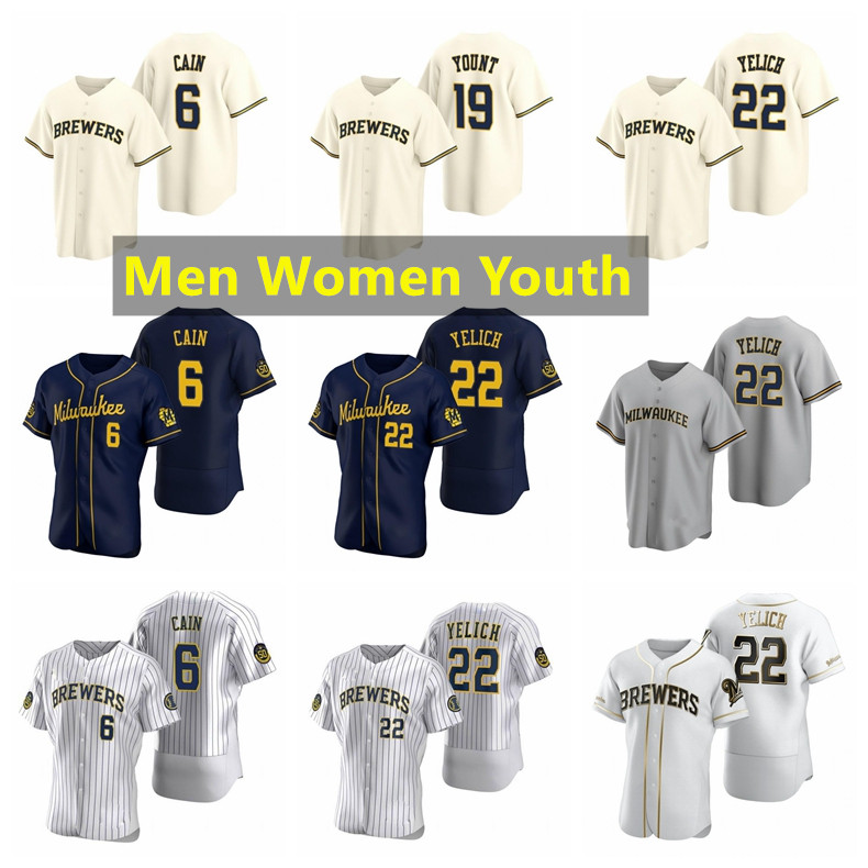 

Milwaukee Brewers Baseball Jerseys Christian Yelich #22 Jersey 19 Robin Yount 6 Lorenzo Cain 8 Ryan Braun Men Women Youth 2021, Blue;black