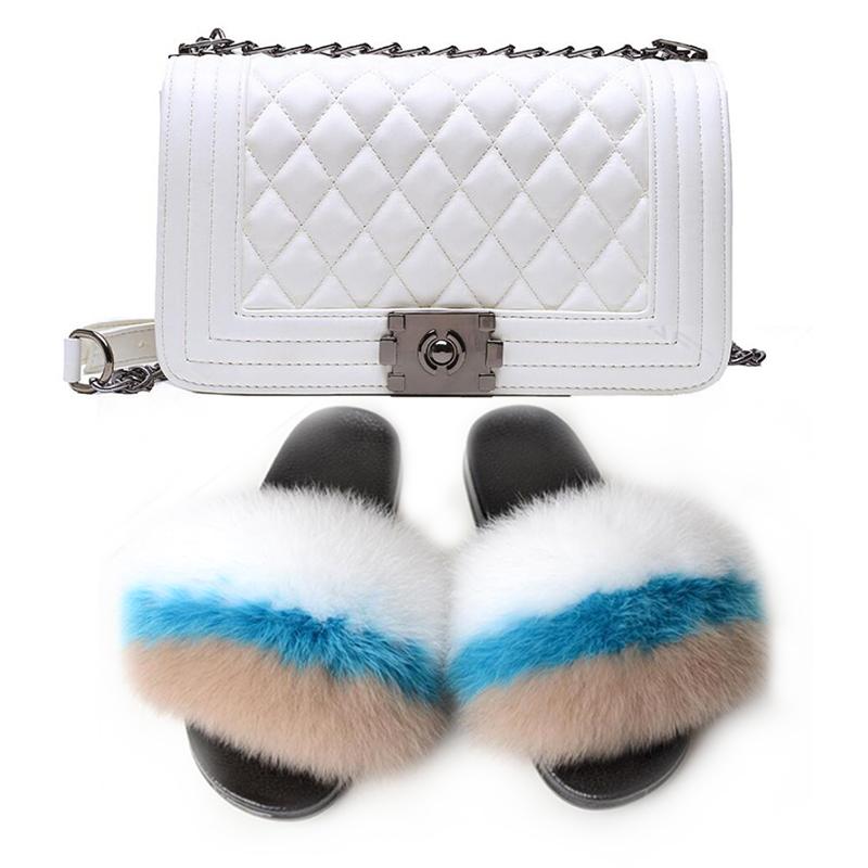 

Women Fluffy Fur Slippers Warm Plush Slides High Quality PU Female Bag Sandals Jelly Purses Brand Shoes Shoulder Bags, As pic shows