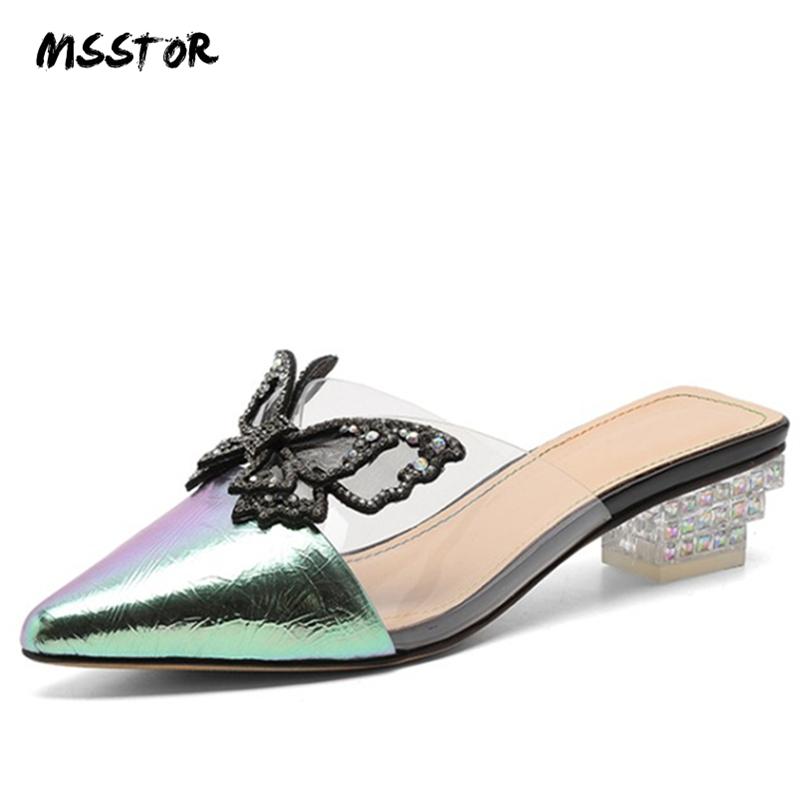 

Slippers MSSTOR Butterfly Mules Womens Shoes Strange Style Pointed Toe Outdoor Transparent Mixed Colors Crystal Summer, Black
