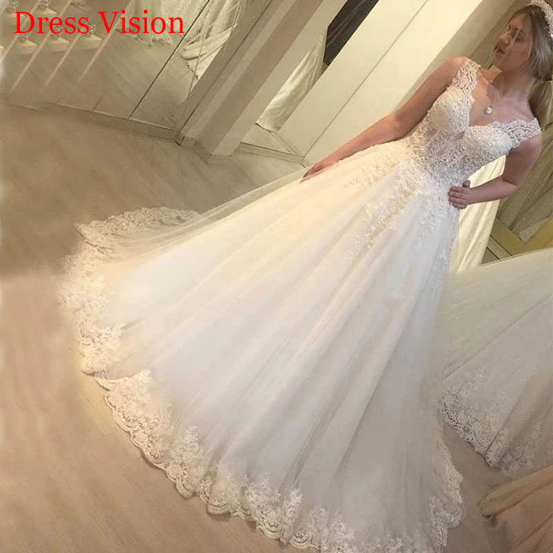 

New Arrival Lace Appliques V-neck Beading Wedding Dress Vestido De Noiva Robe De Mariage, White