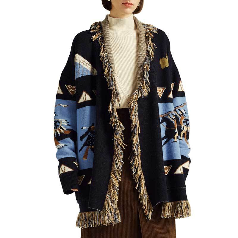 

Inspired Retro Jacquard Cashmere Sweater Cardigan Women Long Sleeve Loose Winter Wool Outerwear Tassel Streetwear Coat 210412, Blue