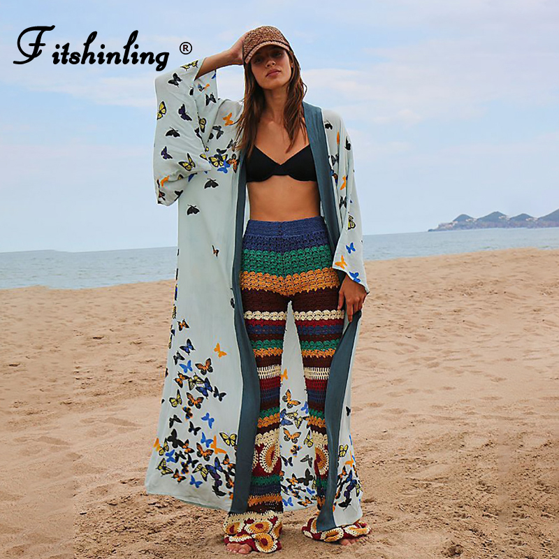 

Fitshinling 2021 Spring Autumn Beach Kimono Bohemian Butterfly Print Cover-Up With Sashes Oversized Cotton Long Cardigan Women