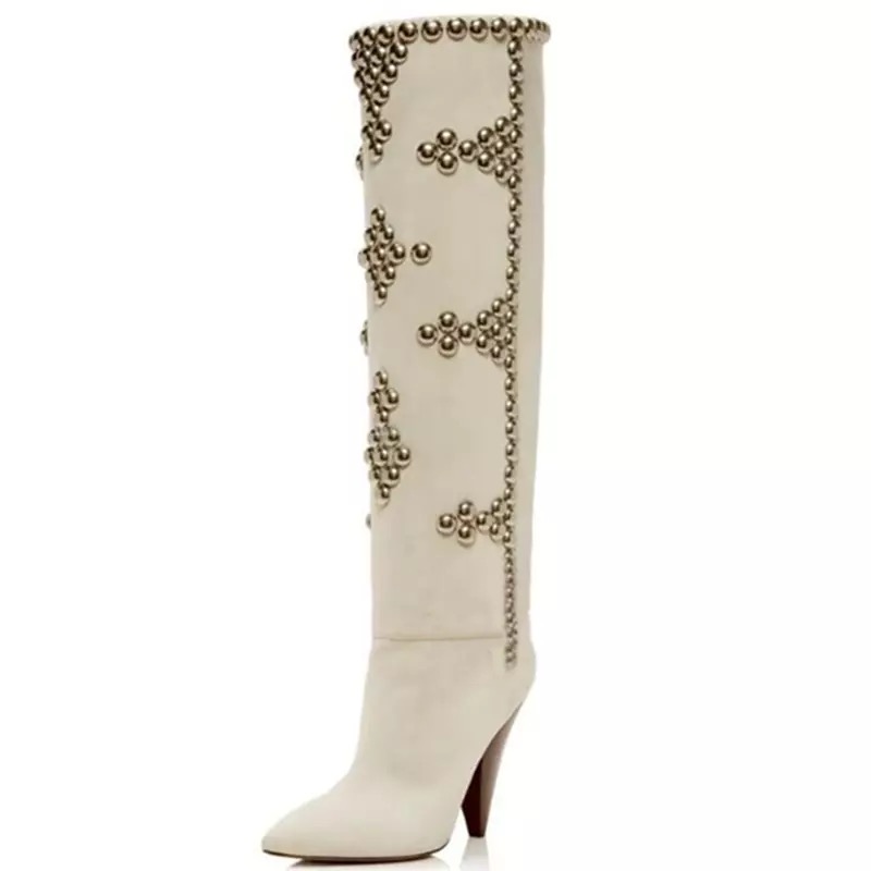 

2021 style sheepskin suede leather Spike heels Knee Boots Casual party Dress shoes Rivets mix colour pointed toes Martin booties pillage toe slip-on size 34-44, Beige