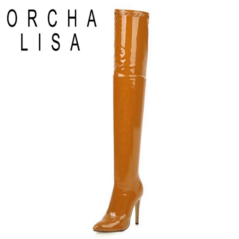 

Boots ORCHALISA 2021 Ladies Knee High Sexy Stretch Zip Short Plush Flexible .5CM 10CM 11CM Thin Heel US18 Black Red White A4435