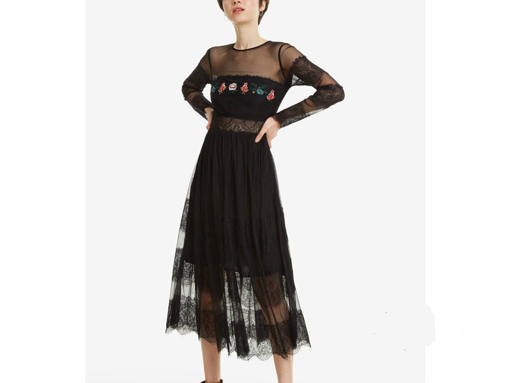 

Casual Dresses Spanish Mesh Stitching Embroidery Black Slim Dress, Black;gray