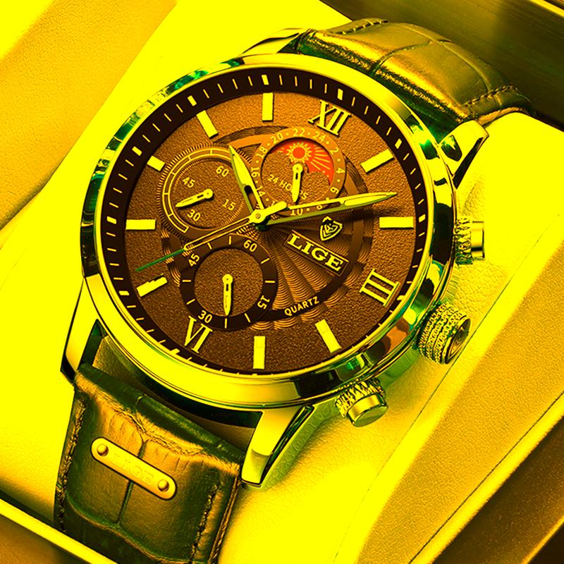 

Wristwatches 2022 Men Watch LIGE Brand Sports Watches For Mens Quartz Clocks Man Casual Leather Waterproof Wrist Relogio Masculino, Rose gold black