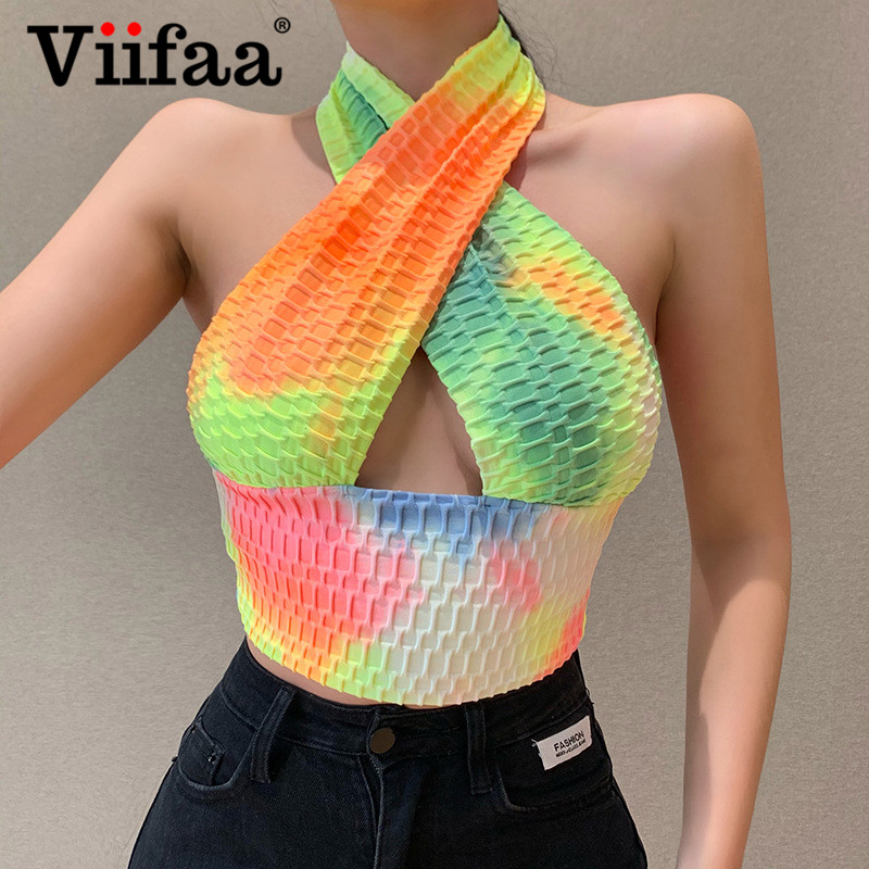 

Viifaa Multicolor Print Fashion Y2K Top Criss Cross Halter Sleeveless Summer Clothes for Women Baless Sexy Party Crop Topshigh quality, Multi