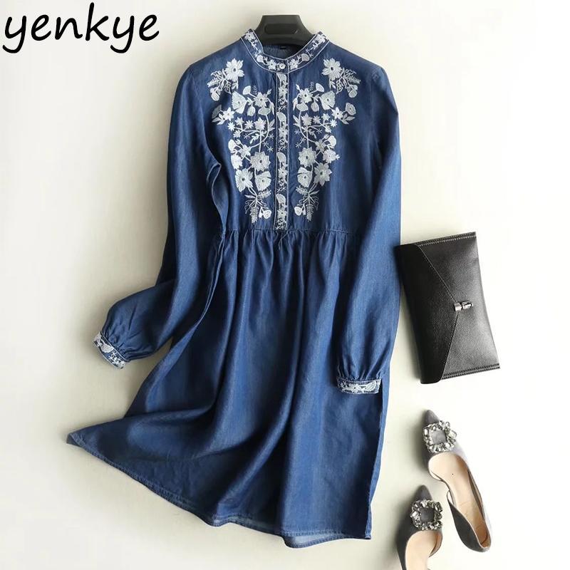 Party Dresses Women Floral Embroidery Tencel Denim Stand Collar Long Sleeve Blue Casual es Summer 2021 vestidos APWM008-image-685016946
