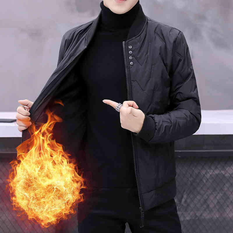 

korean slim fit men's nylon cotton winter trend leisure thickened warm solid color baseball cloth three colors, Black