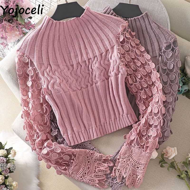 

Yojoceli Elegant floral knitted women autumn lace sweater Casual cool pullover Female chic black winter jumper 210609, Beige