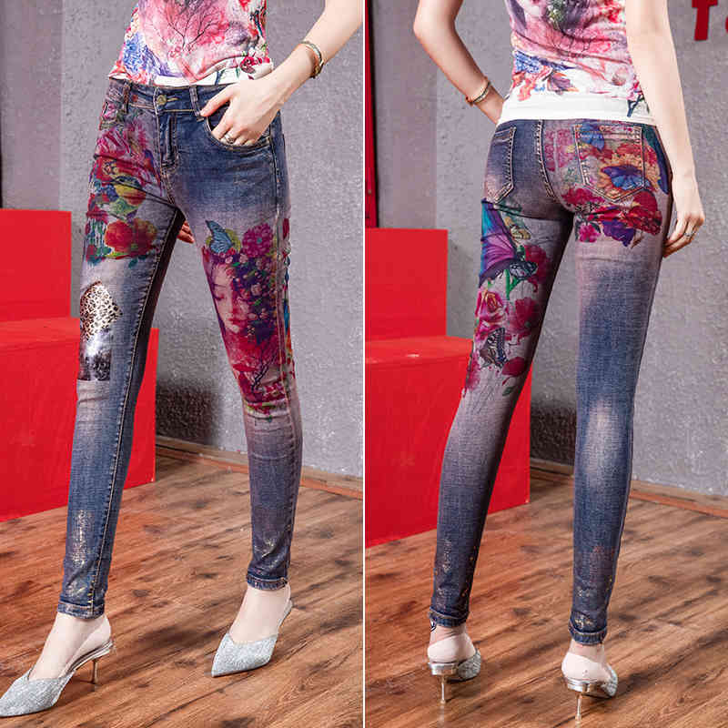 

Women's Jeans High-waisted jeans with colored pattern, high-waisted elastic, plus size, women's washed , spring Q4FK, 1# shoe box