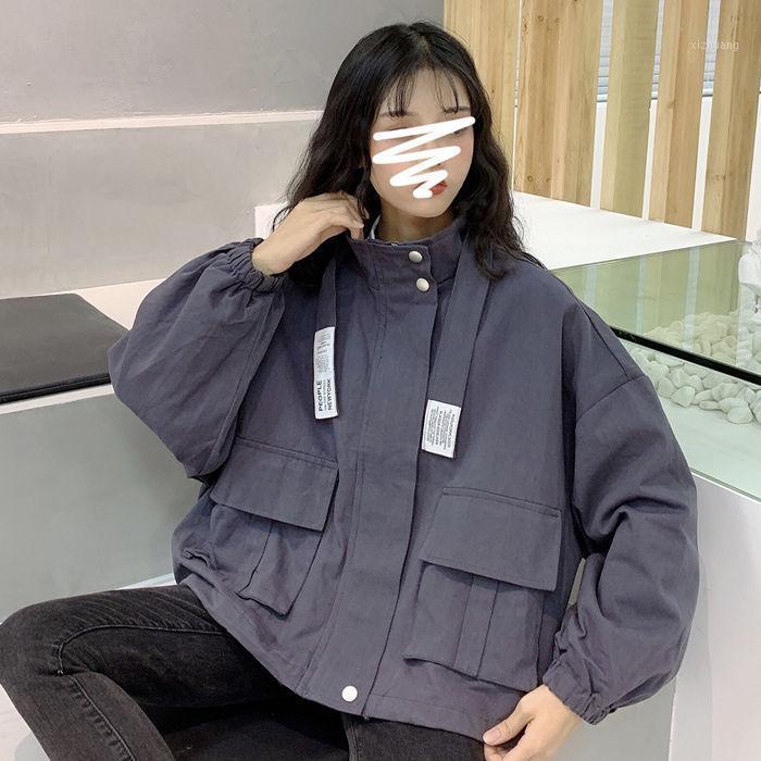 

Spring Solid Color Tooling Short Coat Korean Loose And Versatile College Style BF Stand Collar Long Sleeve Jacket Women' Jackets, Blue coat
