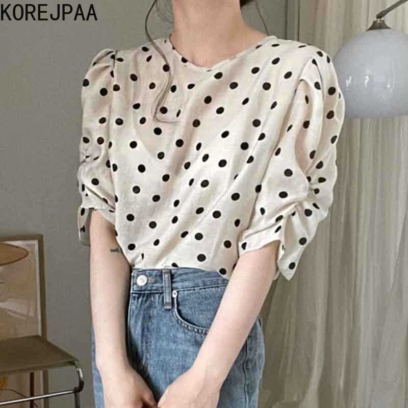 

Korejpaa Women Shirt Summer Korean Elegant temperament Contrast Color Polka Dot Micro-Transparency Loose Puff Sleeve Blouse 210526, Black