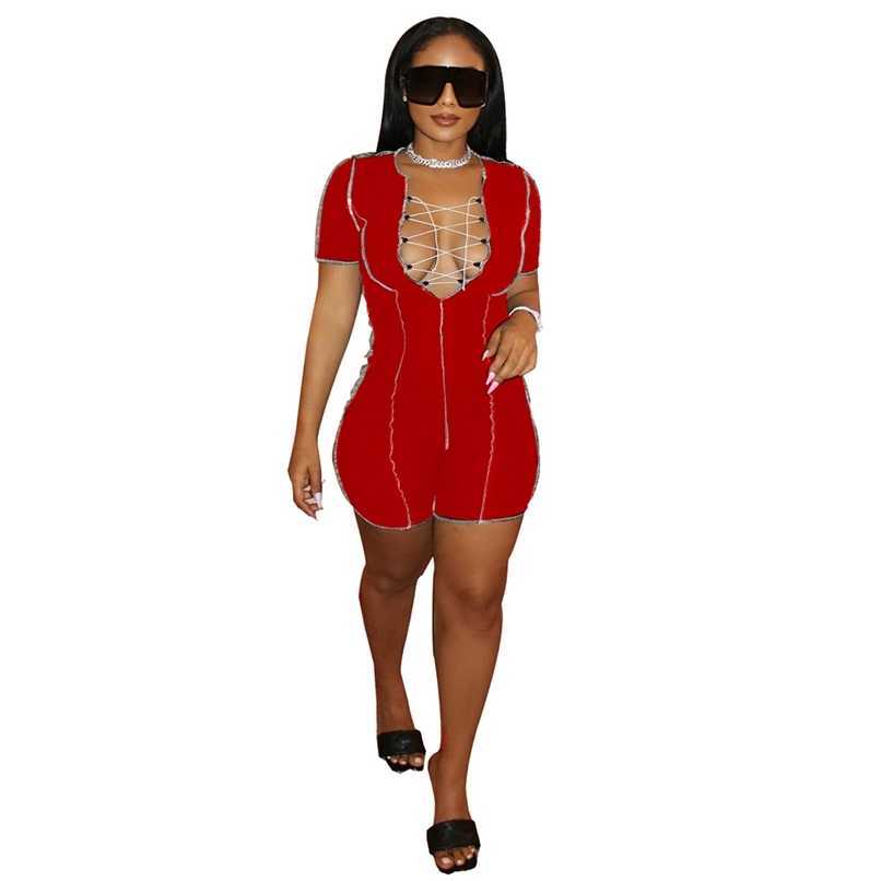 

Women Jumpsuits Summer Patchwork Lace Up Short Sleeve Skinny Romper Sexy Jump Suit Bodysuit Streetwear Outfits 210525, Black