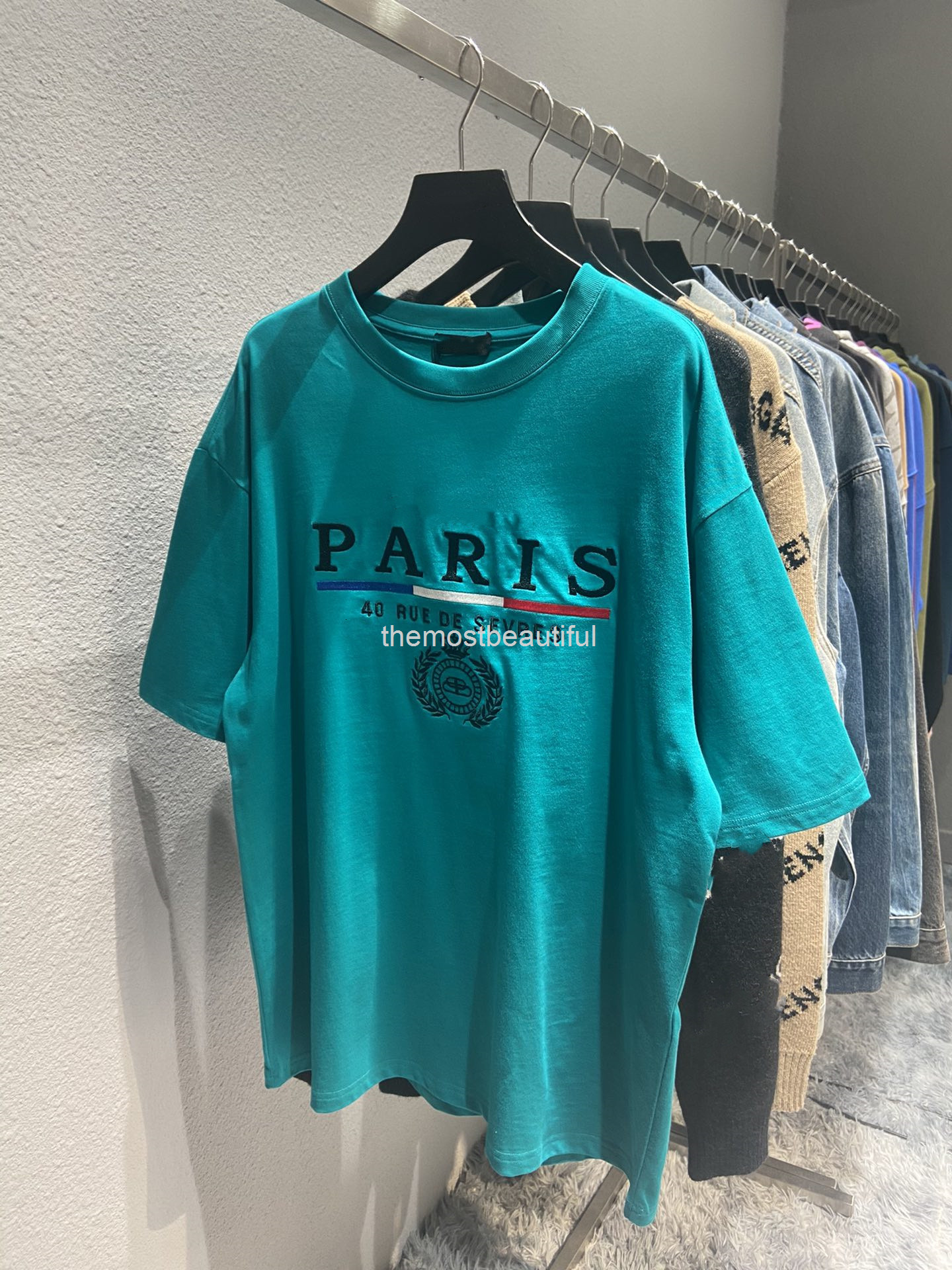 

Women's T-Shirt Spring and summer high version b family crown wheat ear embroidery Pullover round neck loose casual men's women's same T-shirt short, 2# packing bag