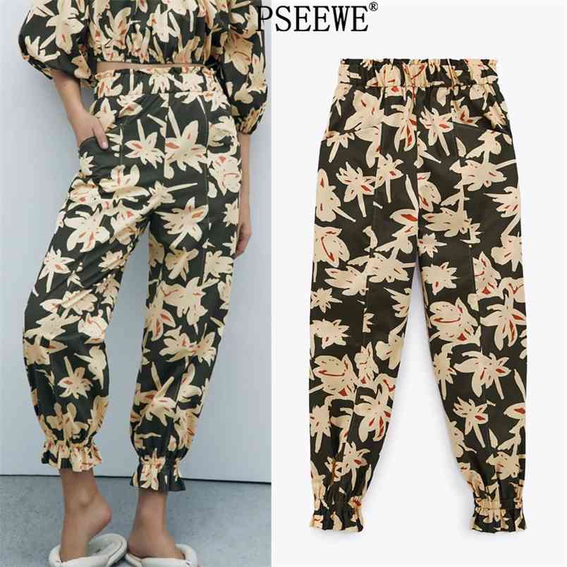 

Black Printed High Waisted Pants Women Spring Fashion Pockets Ruffle Woman Trousers Elastic Waist Chic 210519