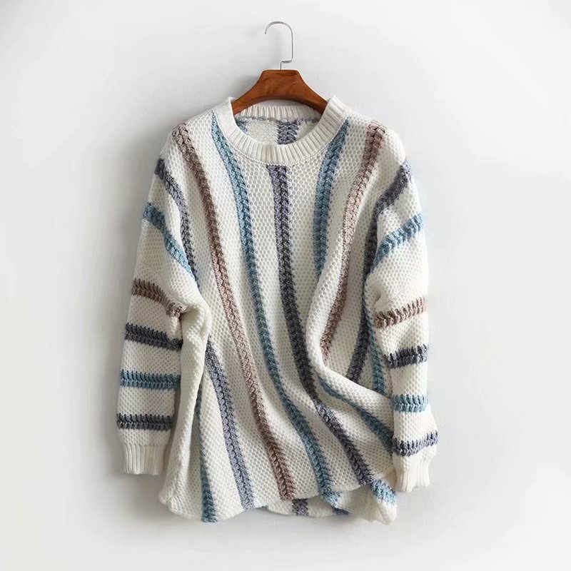 

Vintage Sweet Women Colorful Striped Patchwork Sweater Fashion Cute Girls Pullovers Casual Female Knitwear Streetwear 210520