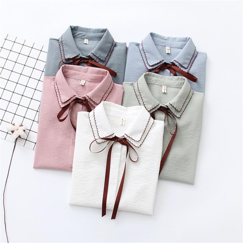 

Women's Blouses & Shirts 2022 Bowknot Shirt For Girls Daughter Students Autumn Summer Japanese Style Cute Long Sleeve Turn-down Bow Blouse T, White