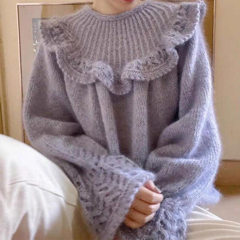 

Women's Sweaters Korean Temperament Gentle Round Purple Sweater Women Pullovers Mohair Ruffled Flare Sleeve Knitted Top Pull Femme Full Outw, White;black