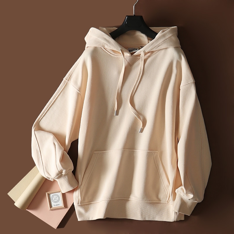 

Basic 2021 early autumn product simple solid color cotton slim hooded casual sweater for women p3ct1915, Beige