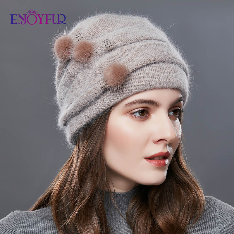 

ENJOYFUR women winter cashmere knitted hats natural mink pompom stripe girl bonnet fashion warm female outdoor new brand beaniesg, 01