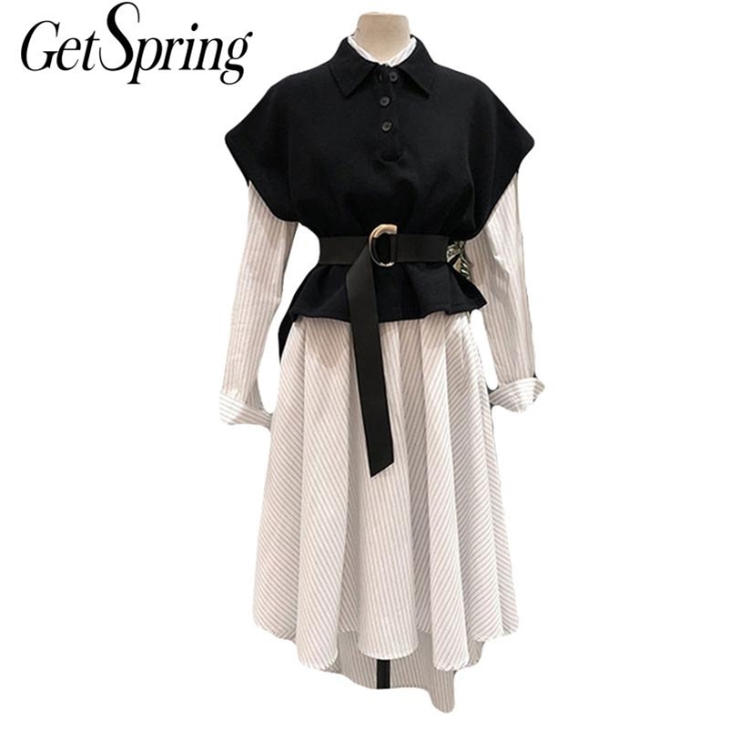 

Getspring Women Set Dress Coats s Long Sleeve Irregular Stripe Shirt Dresses Bandage Vest Fashion 2 Piece 210601, White