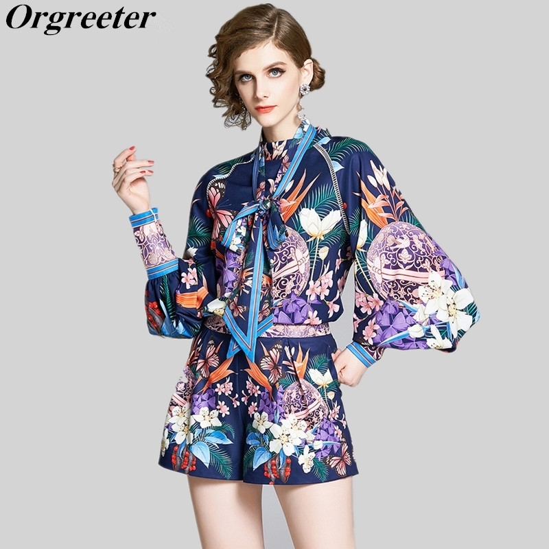 

Summer Fall Runway Design Retro Floral Printed 2 Piece Set Female Lantern Sleeve Bow Blouse Tops and Shorts Elegant Twinest Sets 210525, Navy blue
