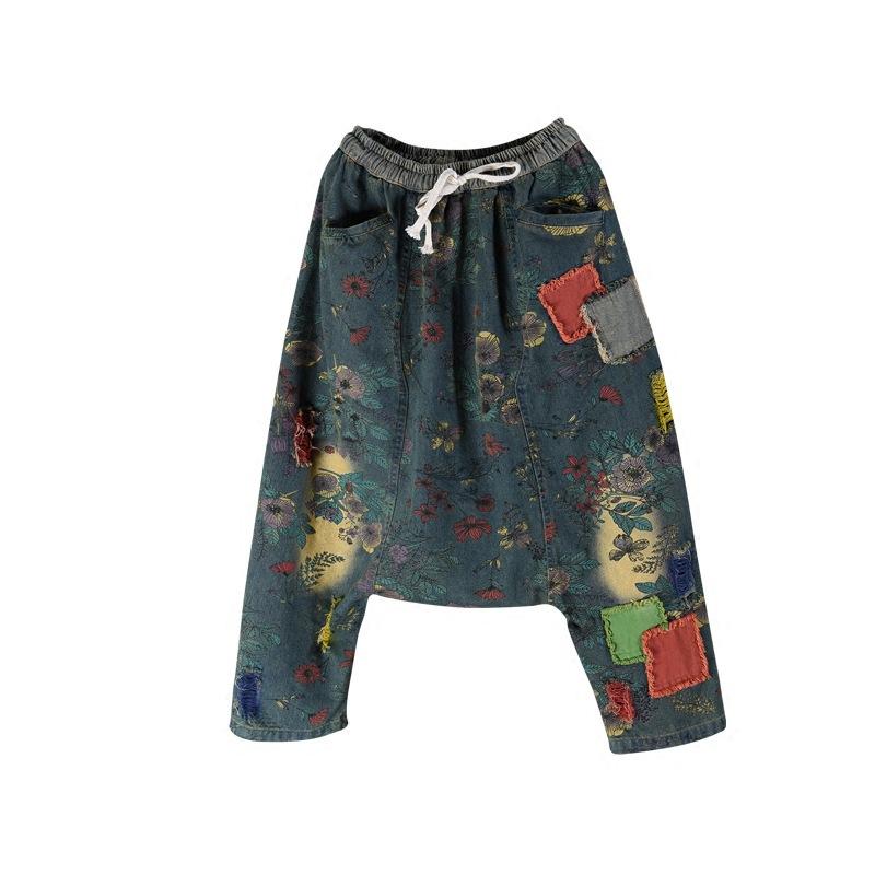 

Women's Jeans Fashion Casual Elastic Waist Baggy Denim Pants Women Hip-hop Drop Crotch Harem Boyfriend Printed Flower Trousers, Blue