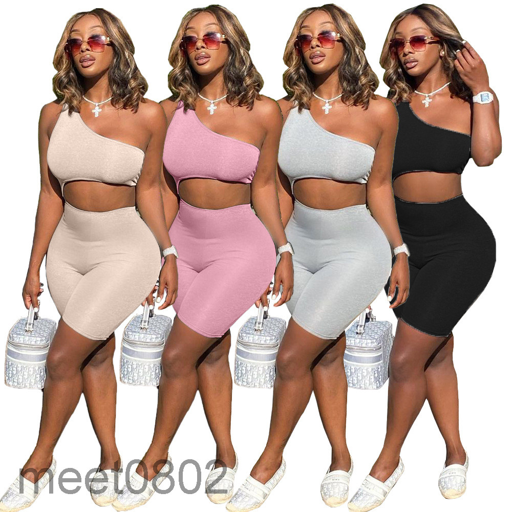 

Women Jumpsuit 2021 summer New Designer Fashion women' slant shoulder leaky back sexy Onesies Solid color Slim sleeveless vest shorts Rompers, Black