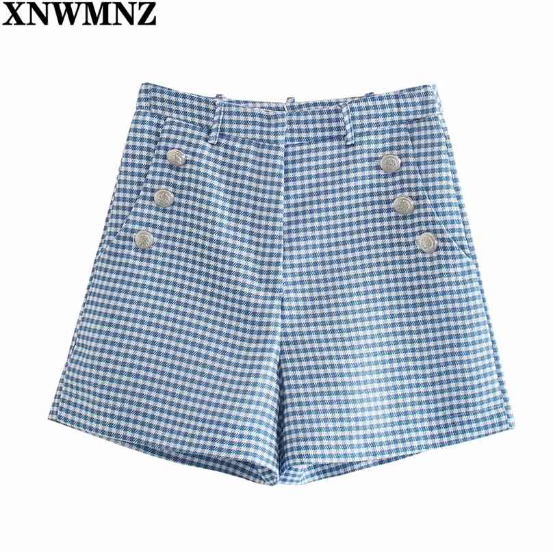 

women fashion Buttoned bermuda plaid shorts female women's clothing houndstooth casual high waist 210520, Blue