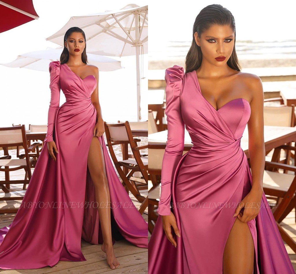 

Elegant One Shoulder Sweetheart Pleats Long Evening Dresses High Thigh Slit Floor Length Party Prom Gowns robe de soriee Custom Made BC5462, White