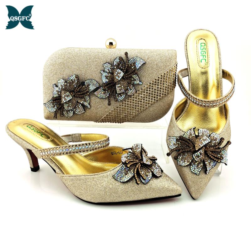 

Dress Shoes 2021 Arrival Italian Design Nigerian Fashion Summer Flower Style Party Women And Bag Set In Champange Gold Color, Black
