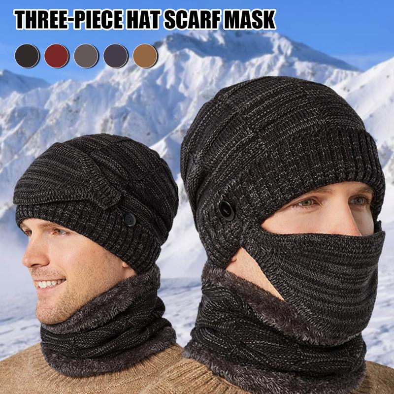 

Cycling Caps & Masks Winter 3-Piece Hat Scarf Mask Set Knitted Beanie Neck Warmer Warm Balaclava Collar Accessories Unisex, Black