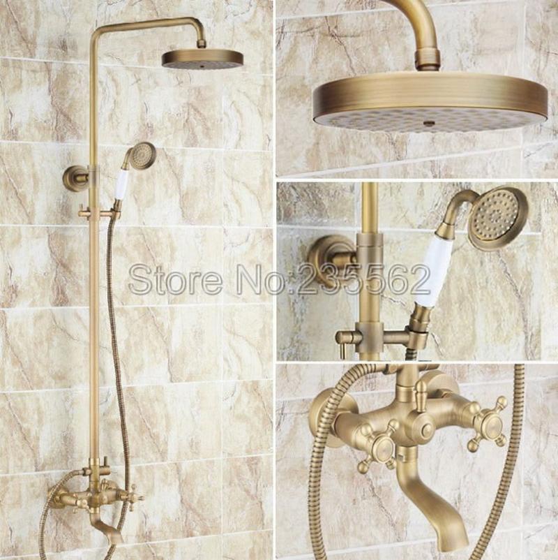 

Antique Brass Shower Set Mixer Faucet 8" Rain Head With Handheld Bathroom Wall Mounted Bathtub Faucets Lrs128 Sets