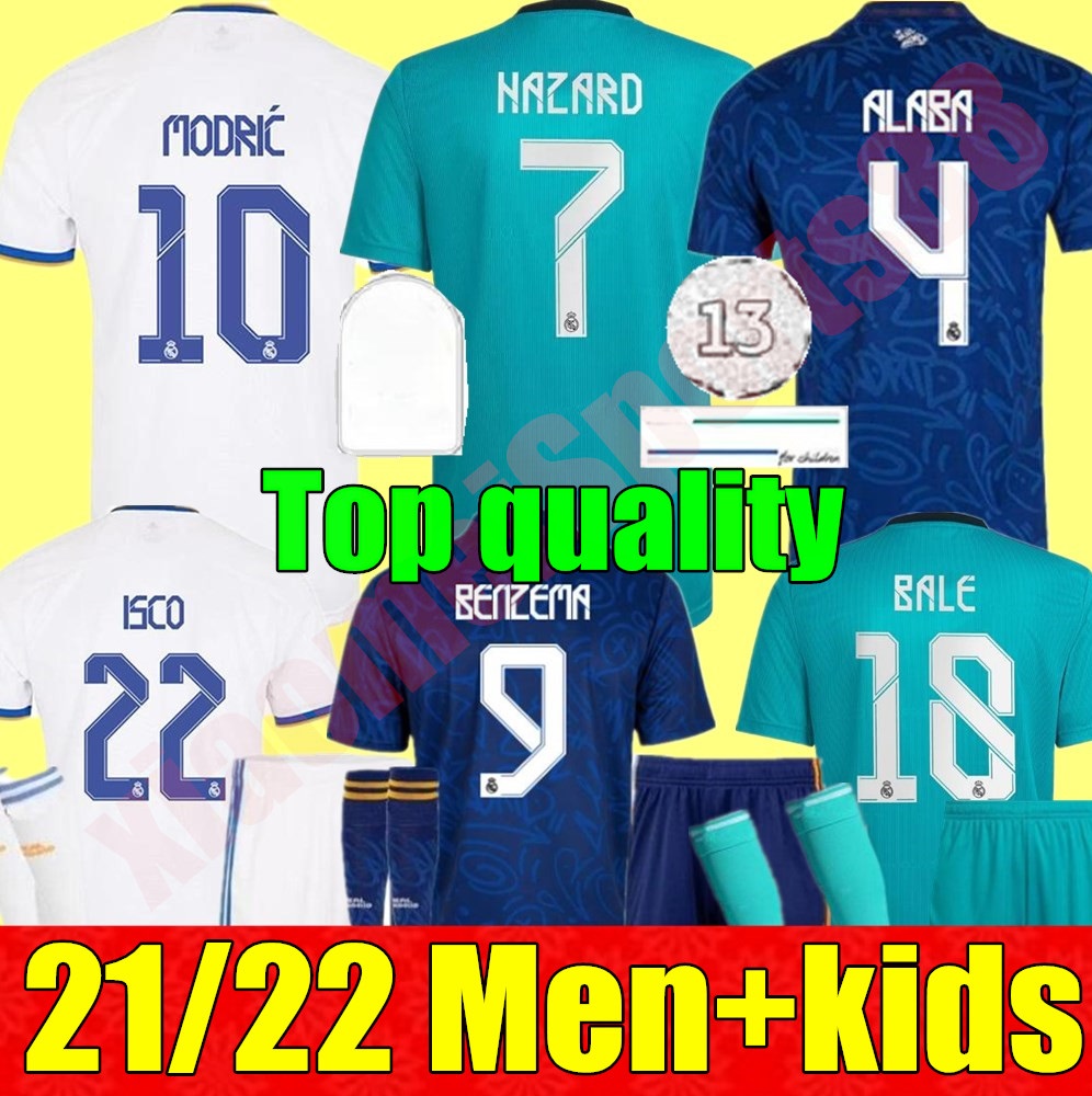 

real Madrid soccer jerseys 21 22 home away 3rd BENZEMA ALABA HAZARD camiseta de futbol 2021 2022 KROOS MODRIC ISCO football shirt adult men kids kit youth, Adult home+champion patch