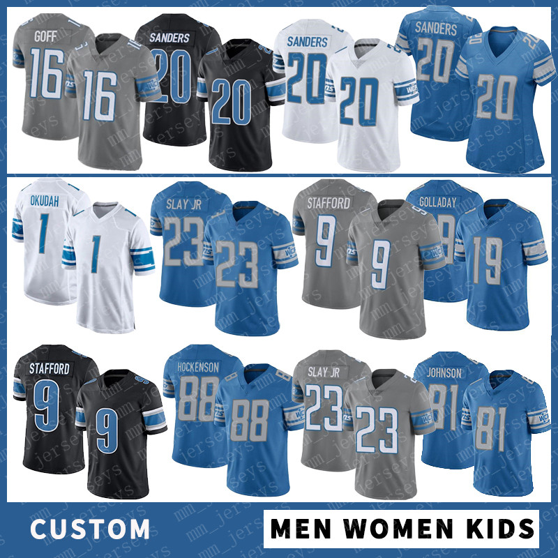 

Football Jersey 16 Jared Goff 58 Penei Sewell 1 Jeff Okudah 20 Barry Sanders 32 D'Andre Swift Custom Men Women Kids 9 Stafford 19 Kenny Golladay 88 T.J. Hockenson 33 Johnson, Shown