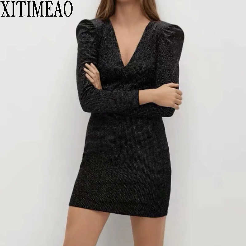 

XITIMEAO Women Clothing Autumn Elegant Vintage V Neck Midi Dress Spring Casual Long Sleeve Slim Mini Skirt 210602, Black