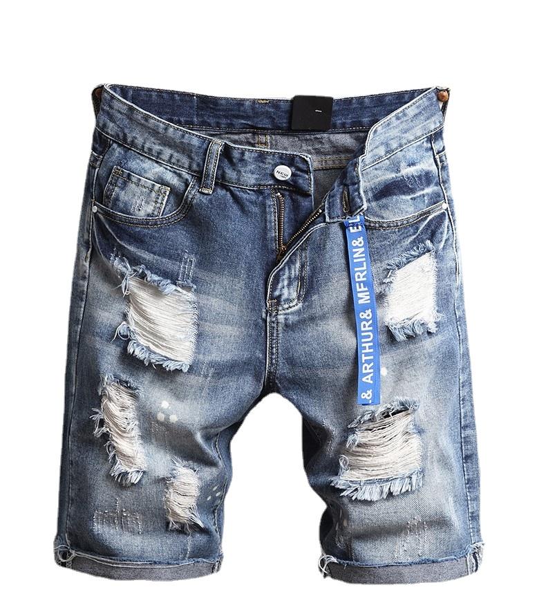

Men's Jeans Holes Denim Shorts For Men Light Blue Summer Cotton Straight Fit Streetwear Style 36
