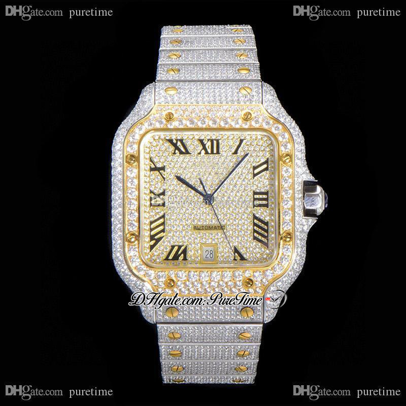

2021 WSA0018 Paved Diamonds ETA A2824 Automatic Mens Watch Fully Iced Out Two Tone Yellow Gold Roman Quick Switch SS Bracelet Jewelry Super Edition Puretime C3, Customize