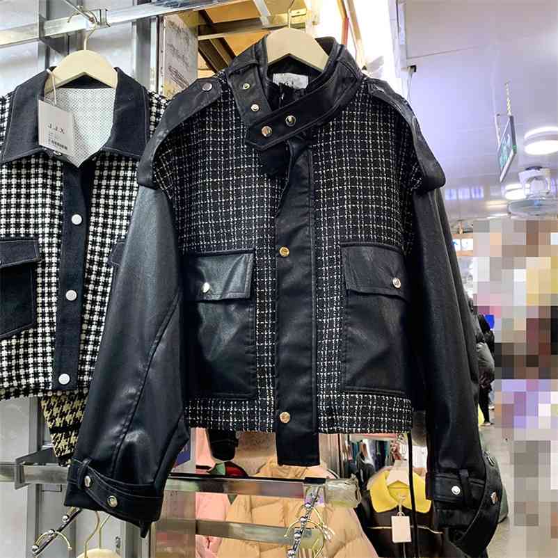 

Autumn Korean Style Fashion Women's Long Sleeves Patchwork PU Pocket Short Jacket Female Coat A4395 210519, Beige