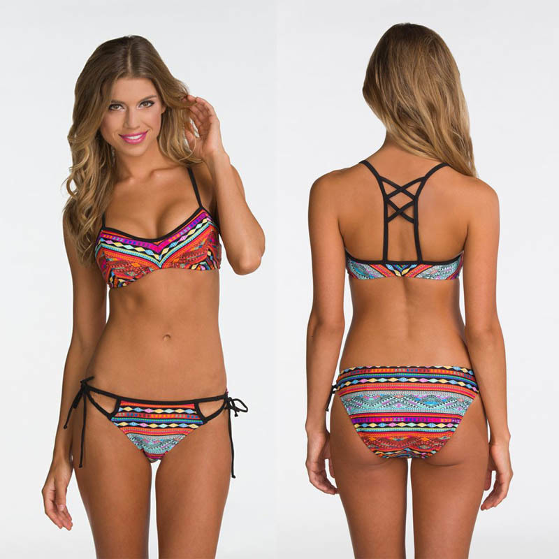 New Hollow Out Sexy Tribal Print Bandeau Bikini Set Push Up Padded Swimwear Swimsuit Women Beach wear-image-680433986