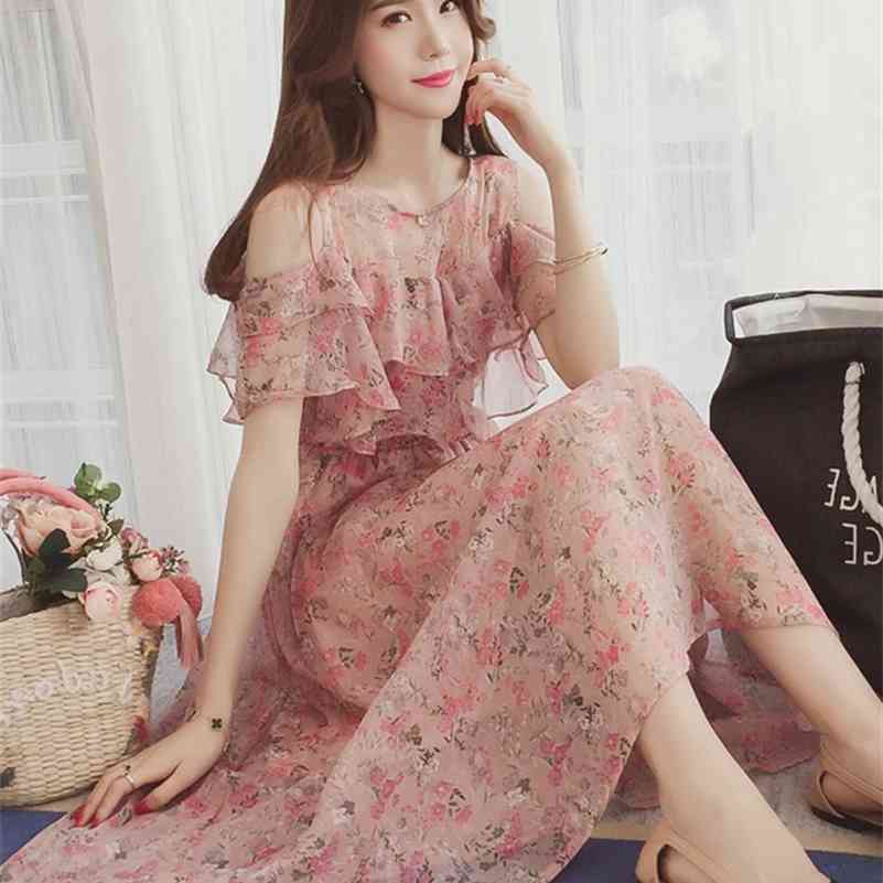 

Summer short sleeve ruffles collar postpartum women breastfeeding chiffon dress floral nursing high waist long loose 210721, Orange as photo