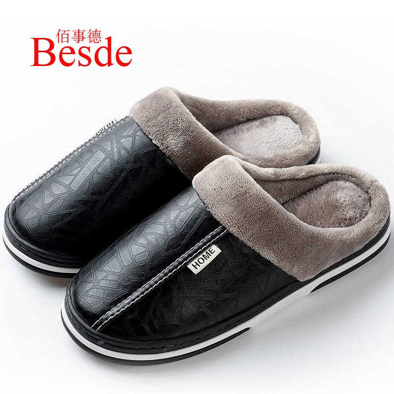 

Slippers Fashion Leather Men Indoor Plush Plus Size 35-50 Warm House Male Home Shoes 2021, Black