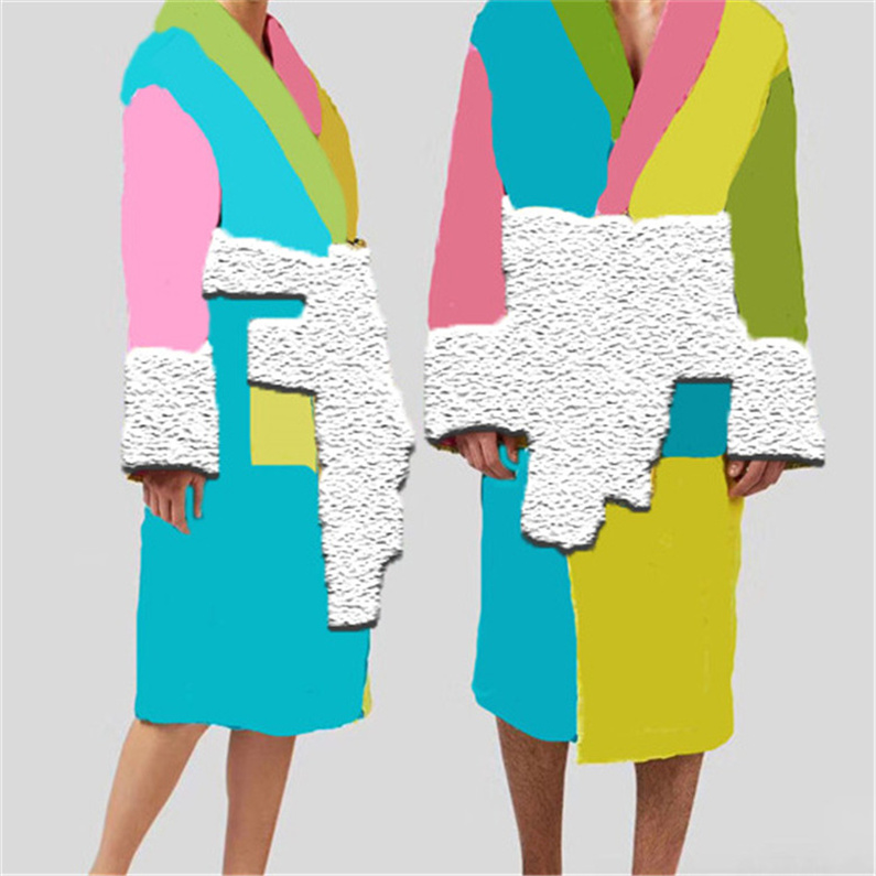 

Creative Colorful Cotton Bathrobe Jacquard Women Men Comfortable Sleepwear Fashion Warm Robes Home Clothes, As pic