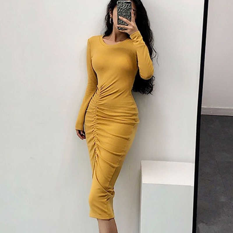 

WOMENGAGA Autumn Winter Round Neck Long Sleeve Slim Design Sense Tight Elastic Hip Dresses Sexy Temperament Club Dress GX5D 210603, Black