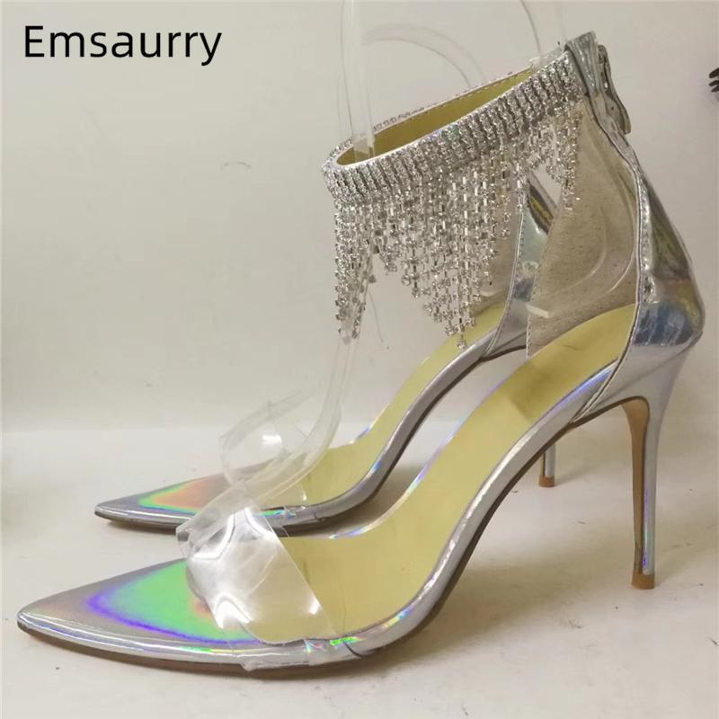 

Dress Shoes Shiny Silver Patent Leather Gladiator Sandals Women Back Zip Cover Heels Pointed Toe PVC One-strap Crystal Tassels Woman
