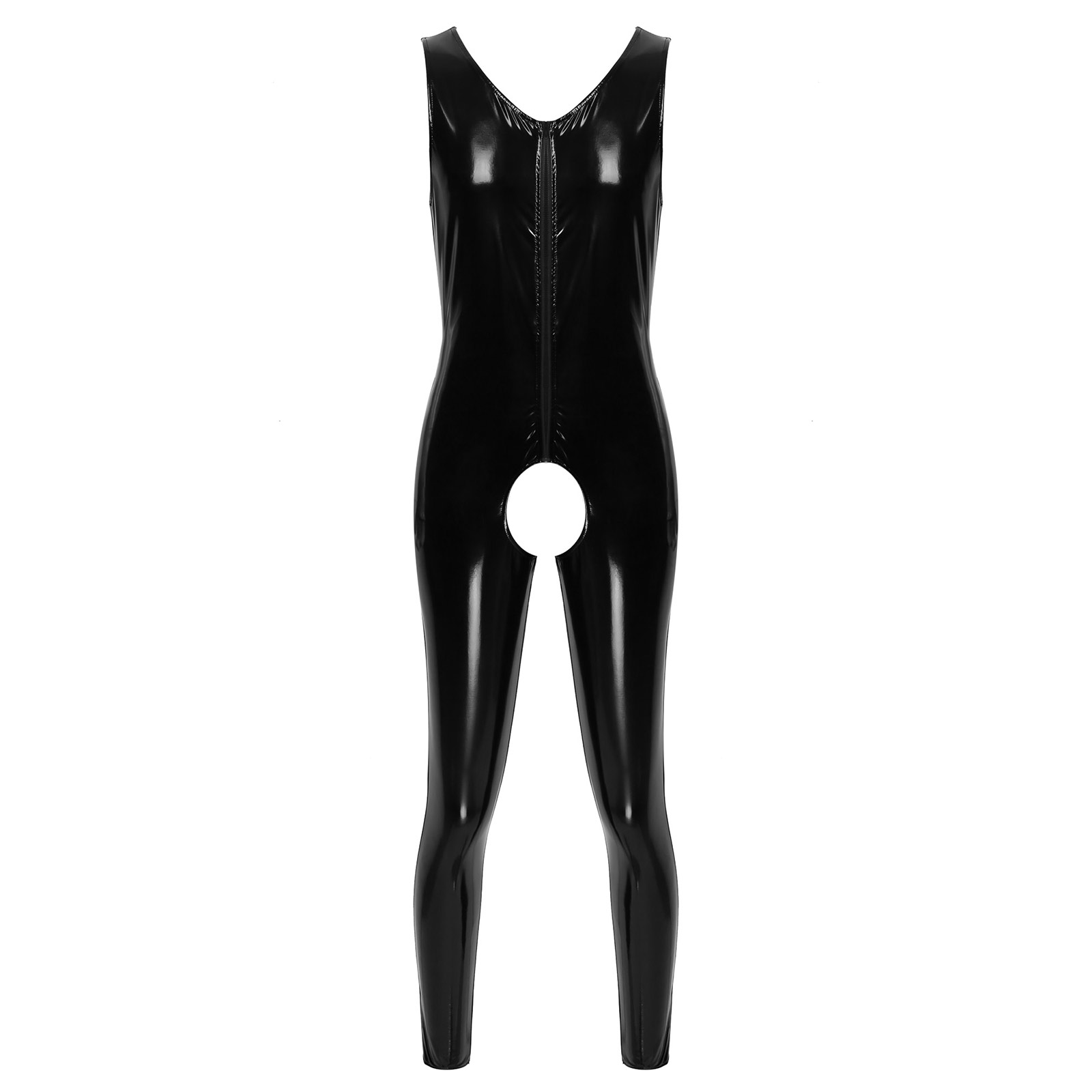 

Mens Erotic Lingerie Crotchless Leotard Bodysuit Wet Look Patent Leather V Neck Back Zipper Stage Performance Clubwear Costume