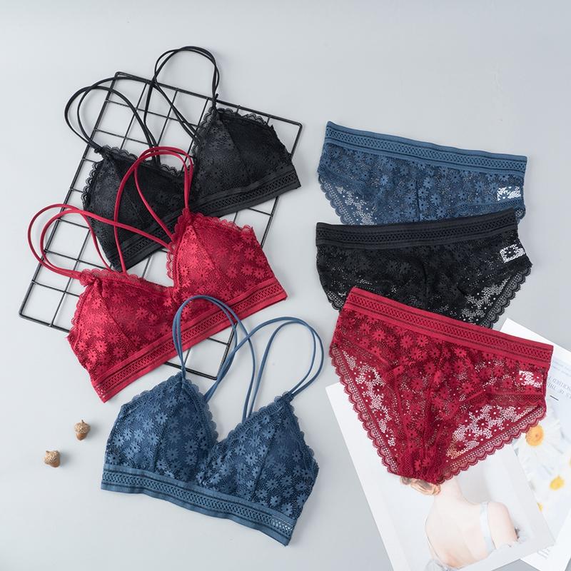 

Bras Sets Women Lace Bra Seamless Underwear Backless Vest Sexy Floral Wireless Ultrathin Padded Bralette Lingerie Briefs Female, Black